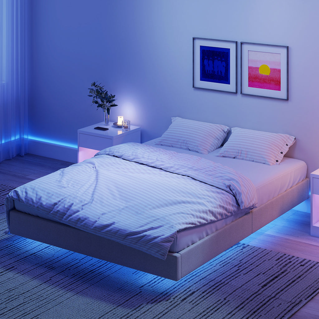 Cadre de lit flottant 140 x 190 cm avec éclairage LED, lit double rembourré en lin, sommier à lattes en bois, beige-9