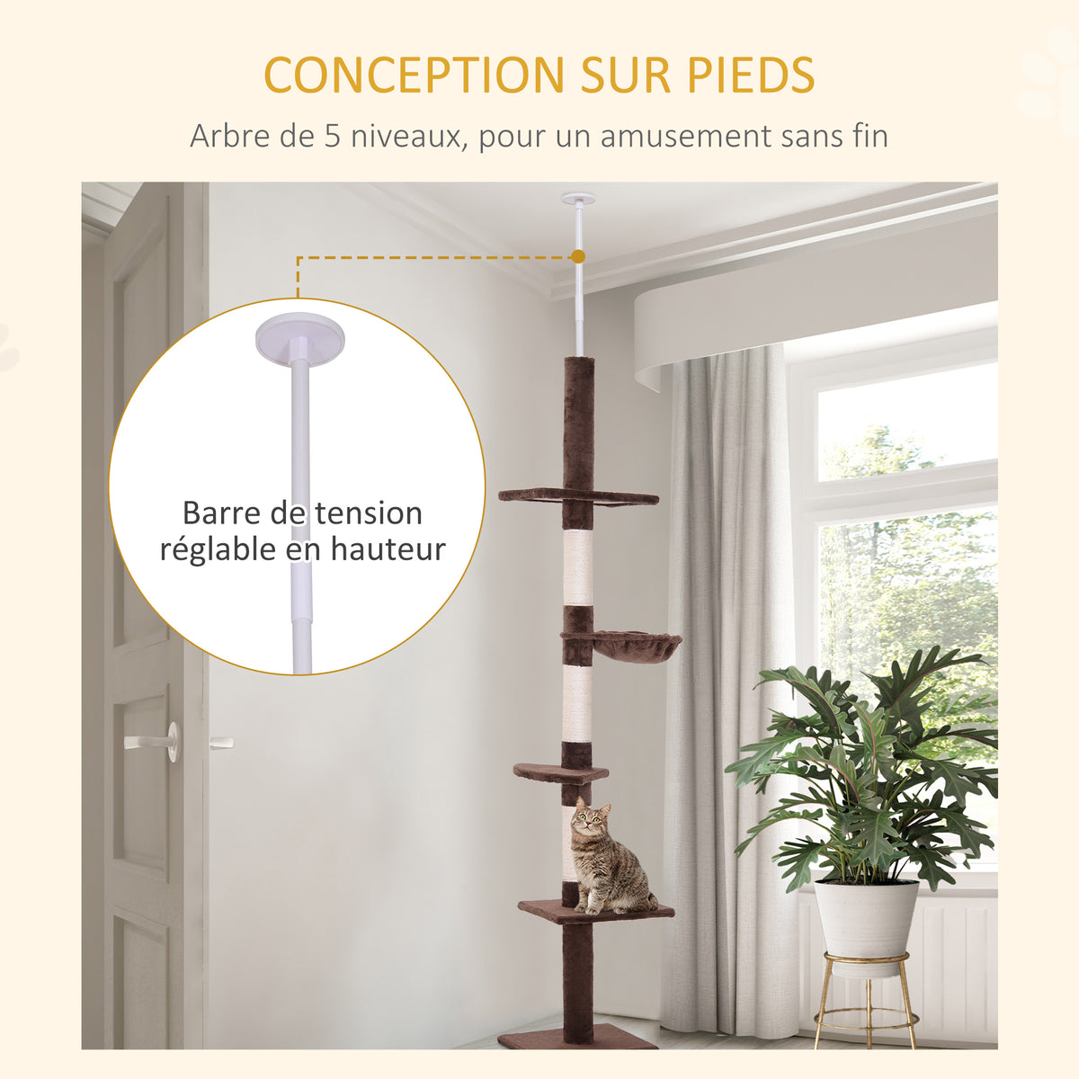 Arbre chat du sol au plafond poteau à griffer L40 x l 34 x H 230-260 cm 5 niveaux d'activités marron-4
