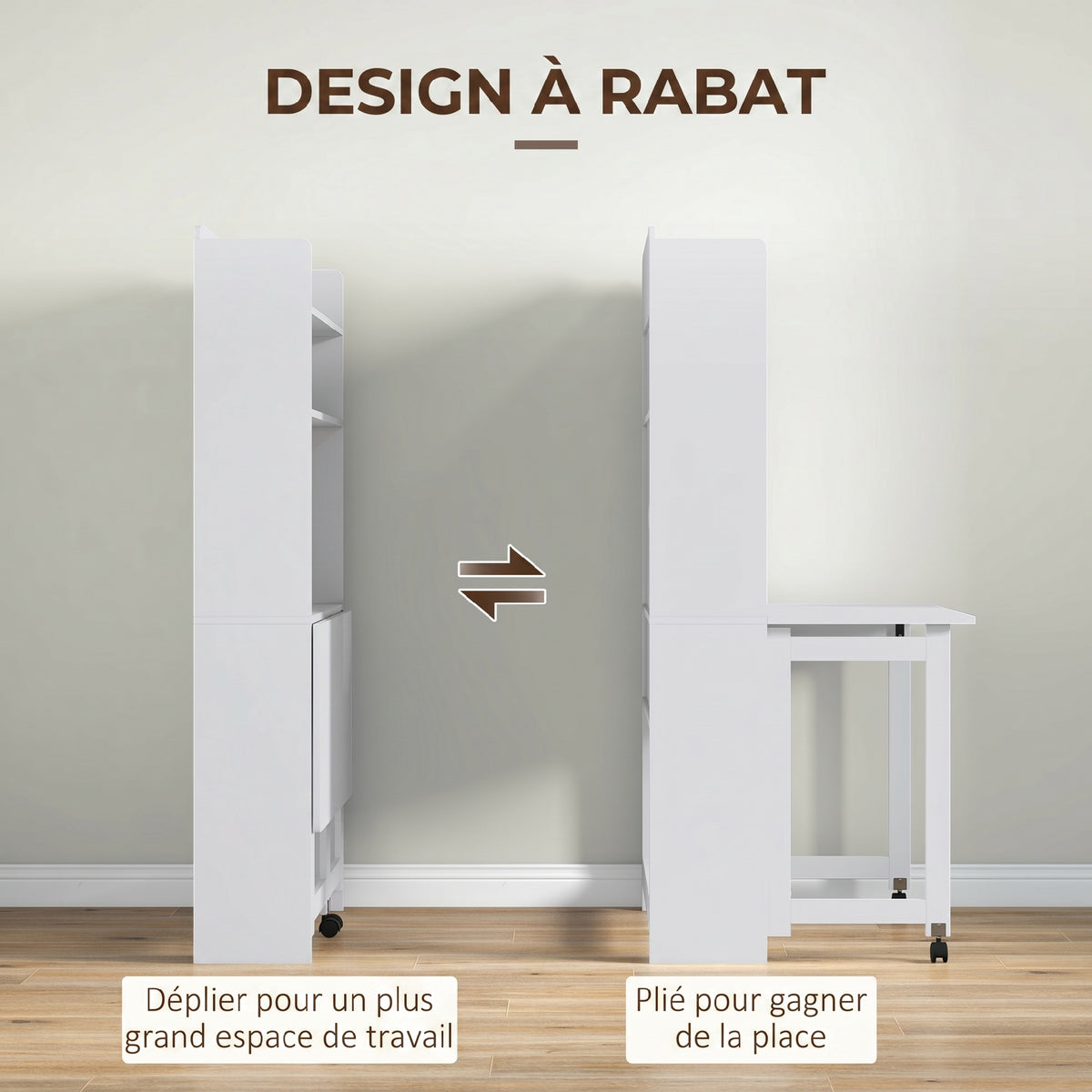 Bureau informatique avec étagères de rangement plateau rabattable 2 roulettes pour chambre salon 80 x 69 x 155 cm blanc-3