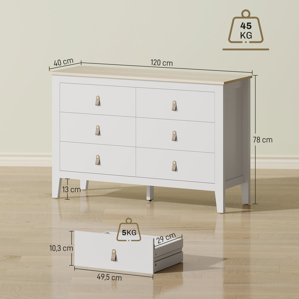 Commode 6 tiroirs meuble de rangement style contemporain avec poignées en polyuréthane, 120 x 40 x 78 cm, blanc-2