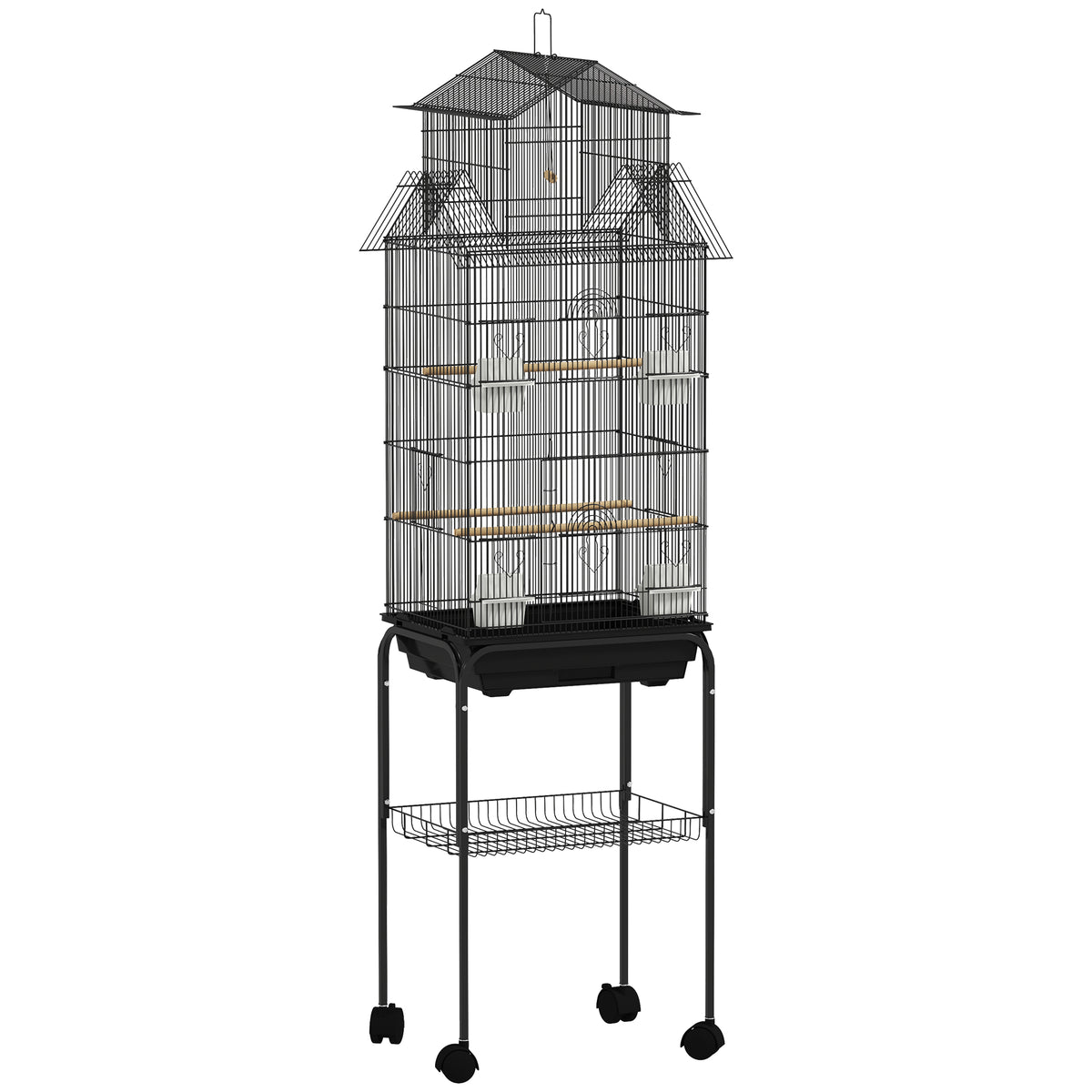Cage à oiseaux sur pied, volière sur roulettes avec balançoire, support, design maison, 50,5 x 41 x 163 cm en acier noir-0