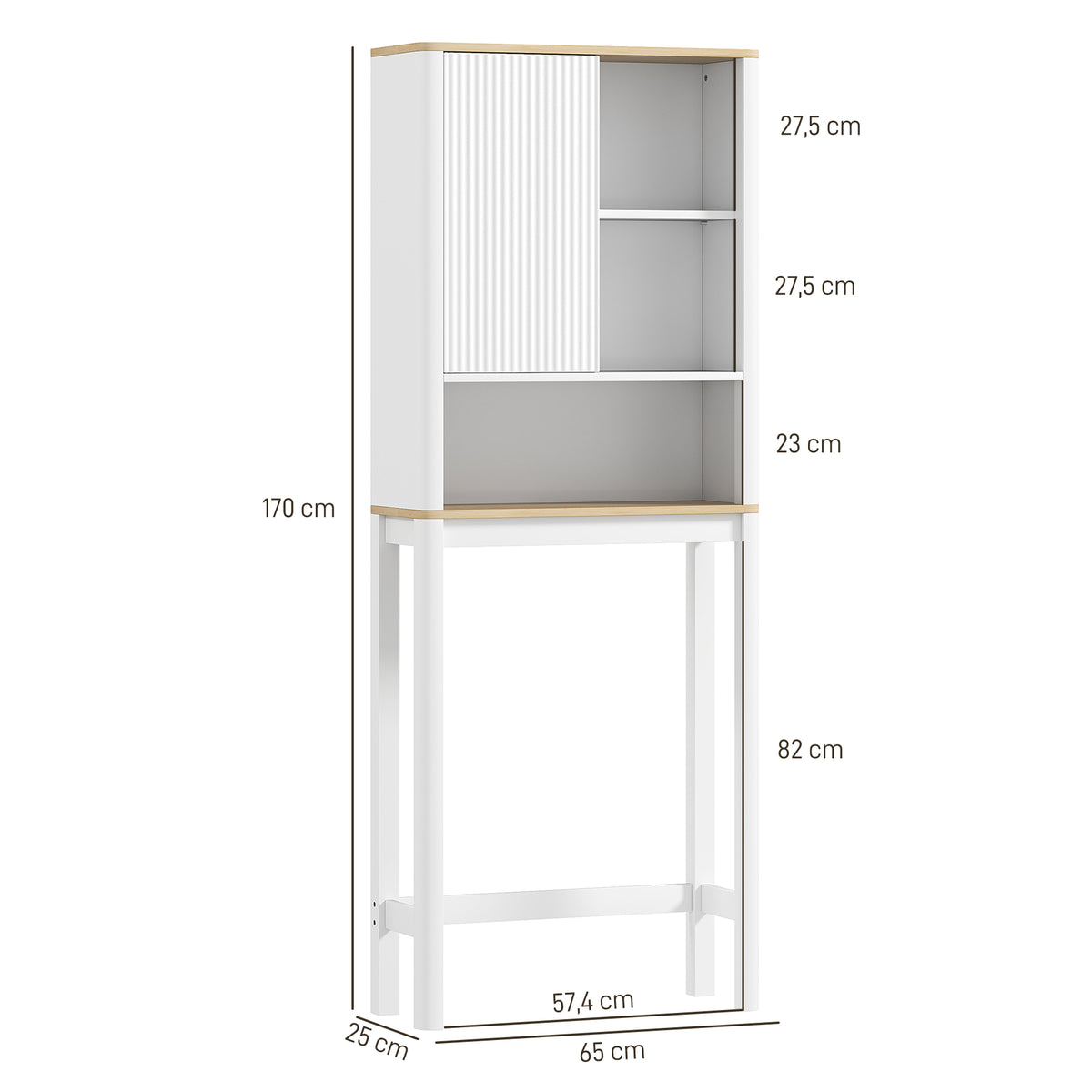 Meuble de rangement au-dessus des toilettes avec porte cannelée, compartiments, étagère réglable, 65x25x170cm, blanc-2