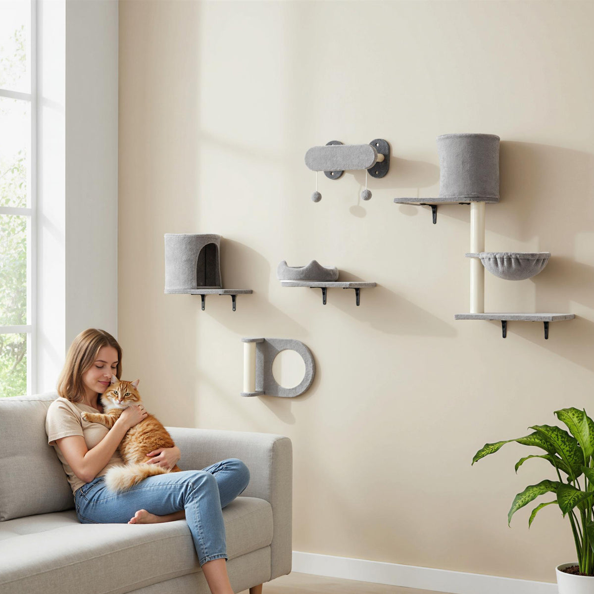 Étagères murales pour chat arbre à chat mural 5 pièces 2 niches hamac plateformes griffoirs en sisal gris-8