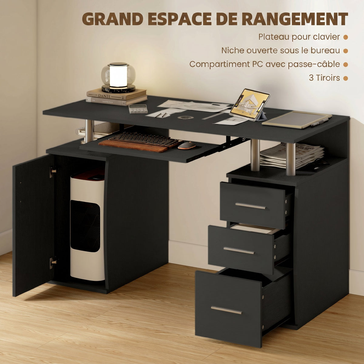 Bureau d'ordinateur, bureau informatique 120 x 55 cm avec plateau pour clavier, 3 tiroirs, pour chambre, domicile, noir-3