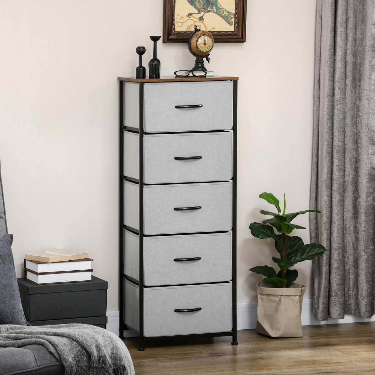 Commode 5 tiroirs meuble de rangement tiroir en tissu pliant - structure acier noir - 45 x 30 x 116 cm gris-1
