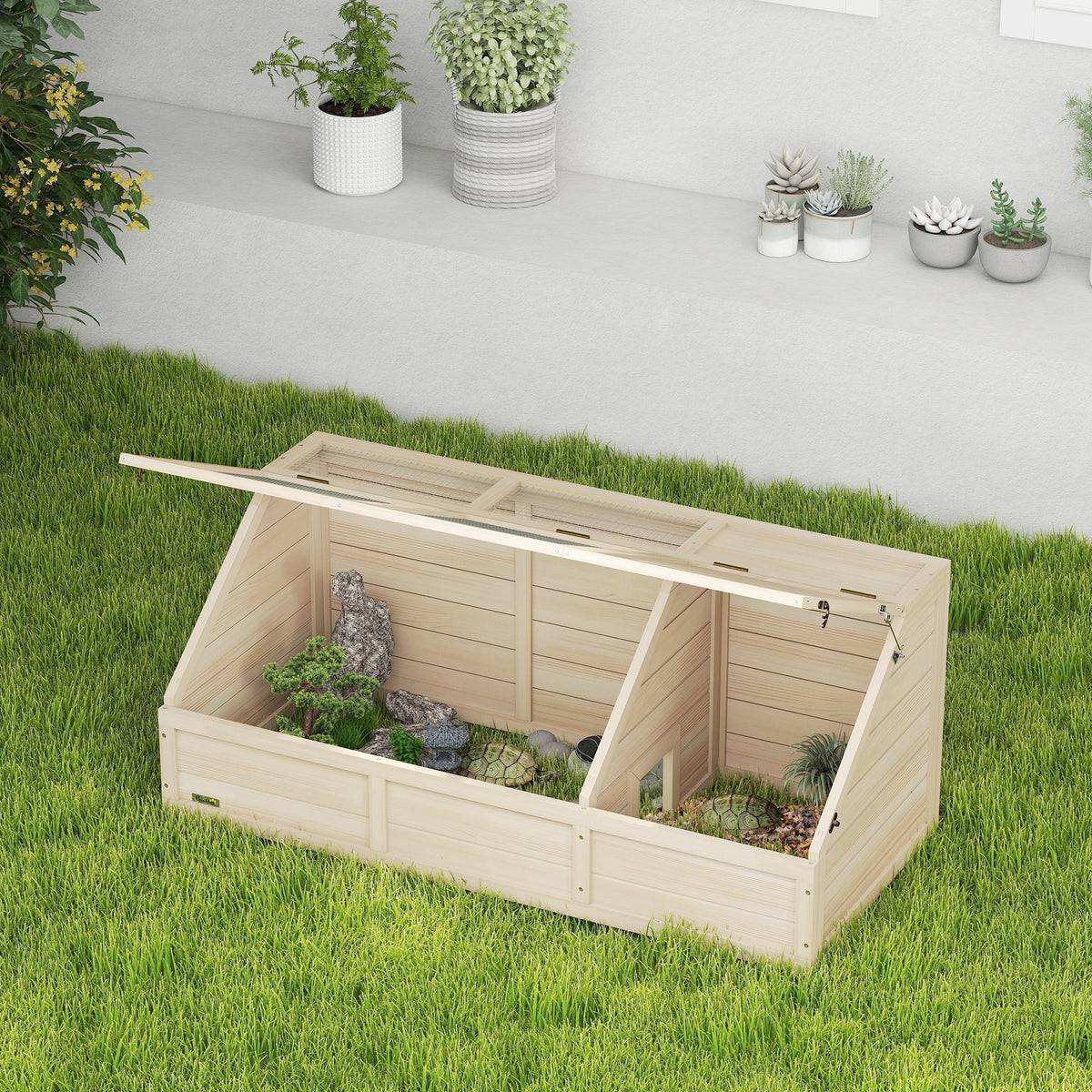 Maison enclos cage pour petit animal tortue en bois avec couvercle ouvrable, loquets, 2 espaces distincts, bois naturel-9