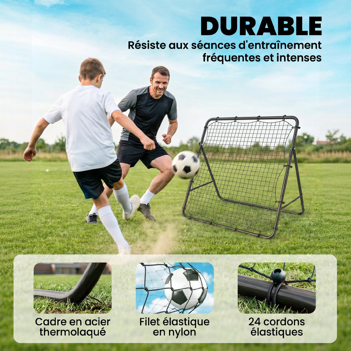 Filet de Rebond Pliable Réglable à 5 Angles avec 24 Cordes Élastiques Filet pour Football, Acier, 120x73x112cm, Noir-4