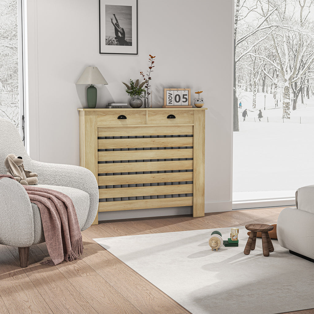 Couvercle de radiateur cache radiateur grille à lattes horizontales avec 2 tiroirs en bois 111l x 19P x 95,5H cm chêne-1
