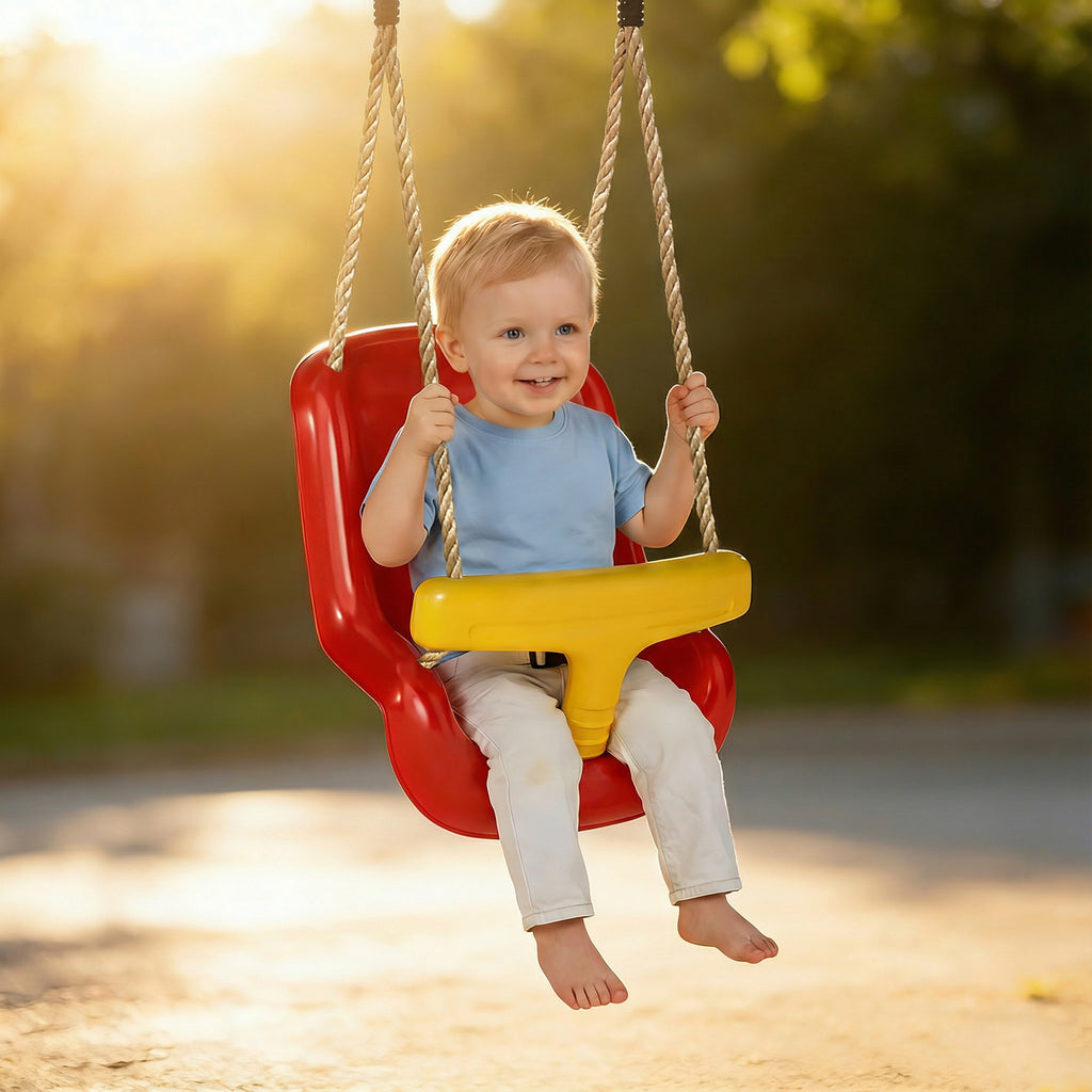 Balançoire pour enfants, balançoire bébé extérieure, dossier haut, barre de sécurité, hauteur ajustable, rouge et jaune-6