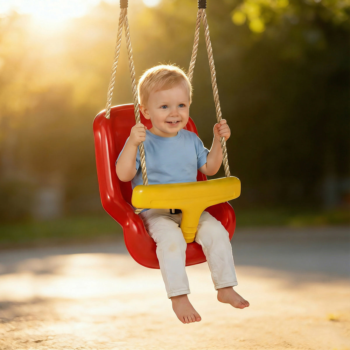 Balançoire pour enfants, balançoire bébé extérieure, dossier haut, barre de sécurité, hauteur ajustable, rouge et jaune-6