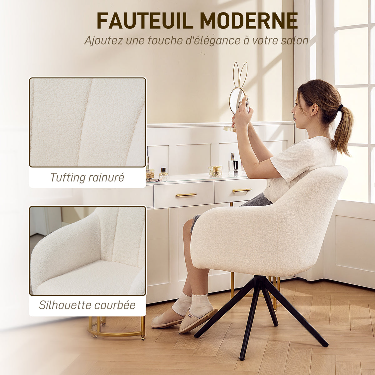 Fauteuil de salon pivotant capitonné grand confort piètement en acier et tissu effet polaire teddy blanc-5