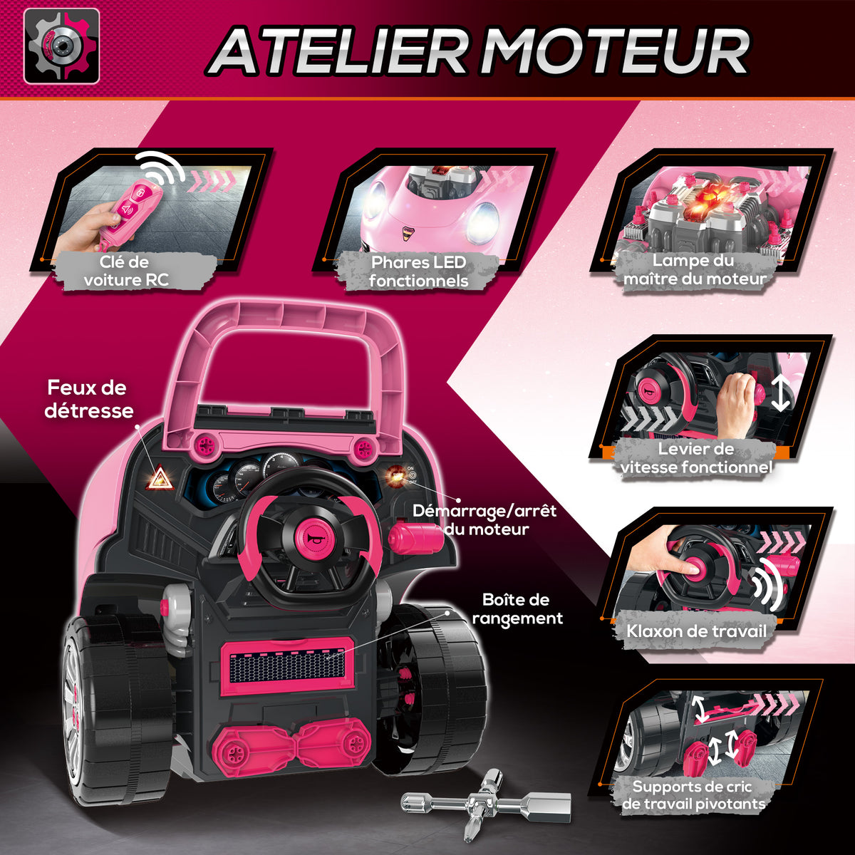 Camion mécano 2 en 1 jouet bricolage enfant jeu d'imitation mécanicien nombreux qccessoires total de 61 pièces rose-5