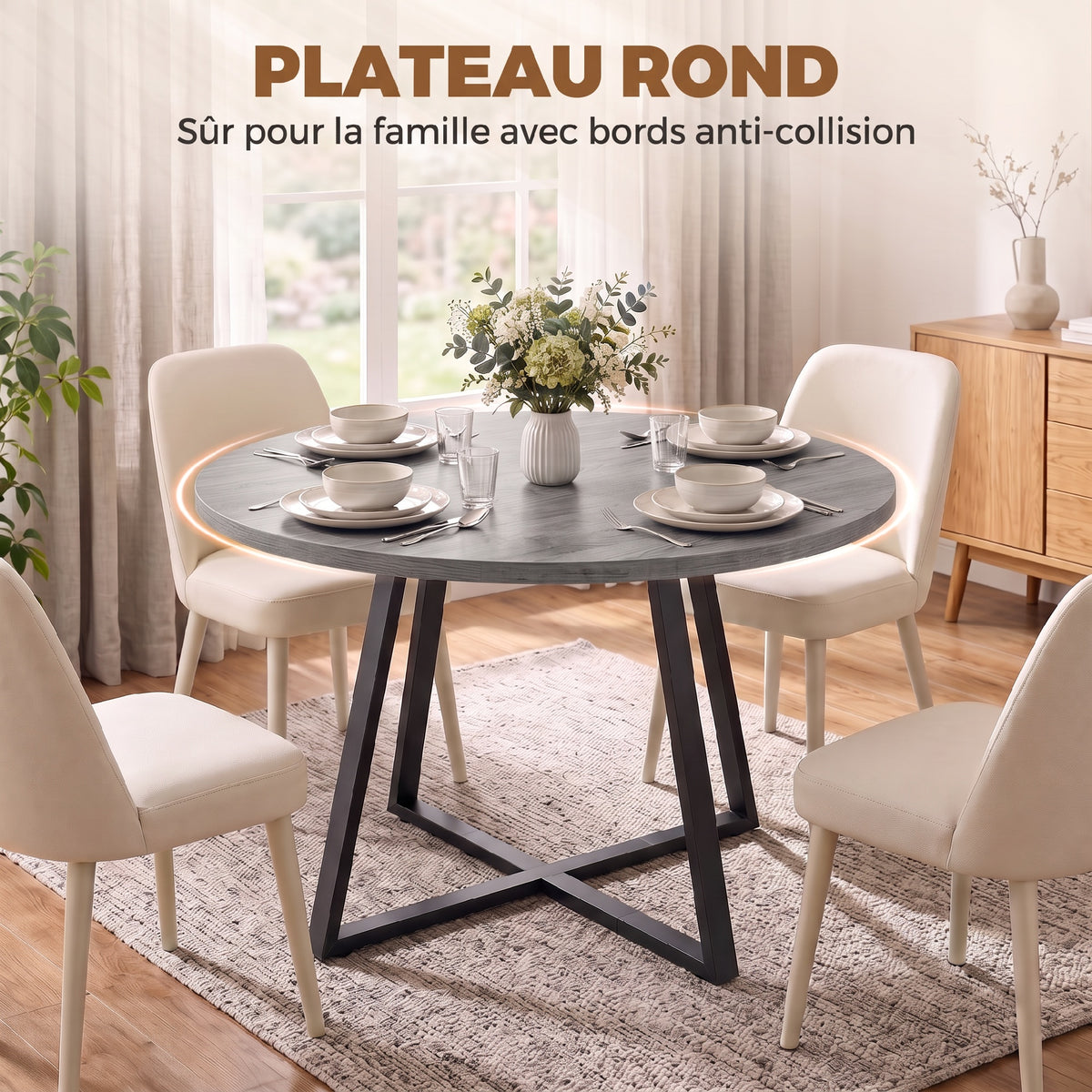 Table à Manger Ronde pour 4 Personnes Ø 100 cm, Cadre Carré en Acier Carbone, Style Industriel, Effet Bois Gris-6