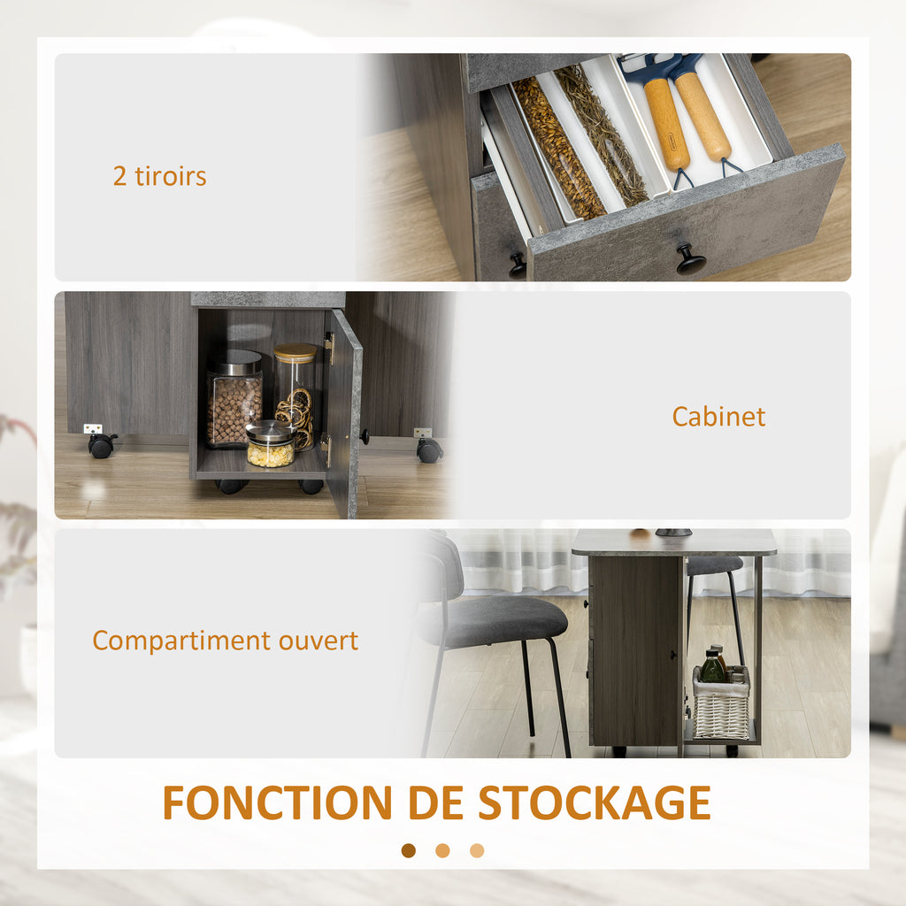 Table de cuisine pliable table à manger pliante 2 plateaux rabattables avec 2 tiroirs 1 placard et 1 étagère de rangement 120 x 60 x 76,5 cm - gris-5