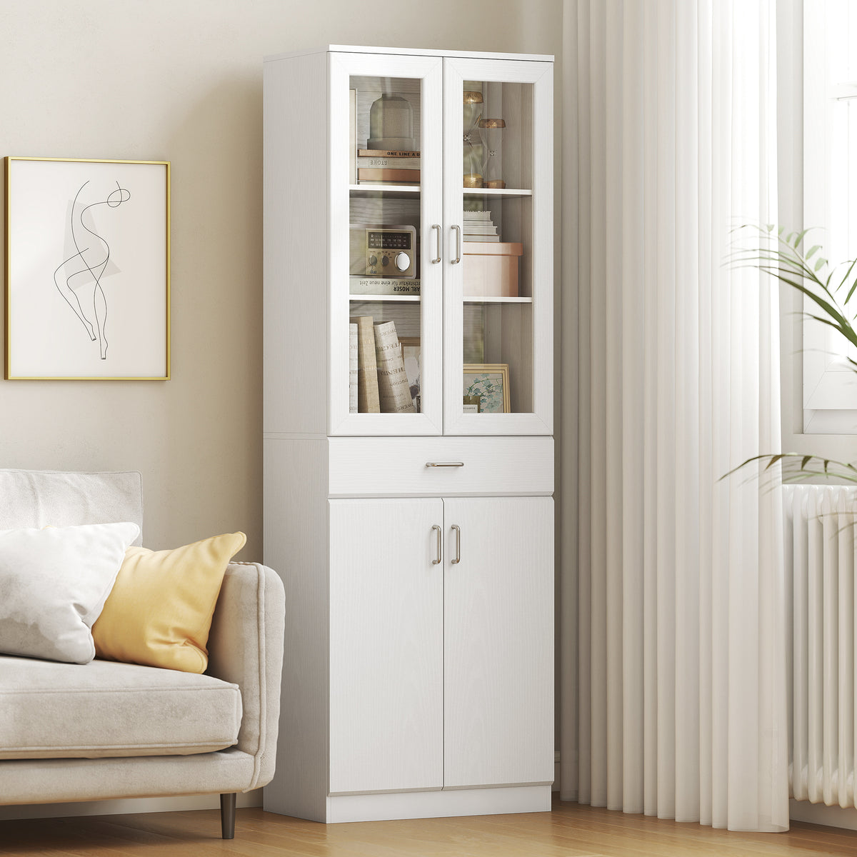 Buffet haut cuisine, armoire de cuisine, 4 portes dont 2 en verre, tiroirs, étagères réglables, 60x35x180cm, blanc-8