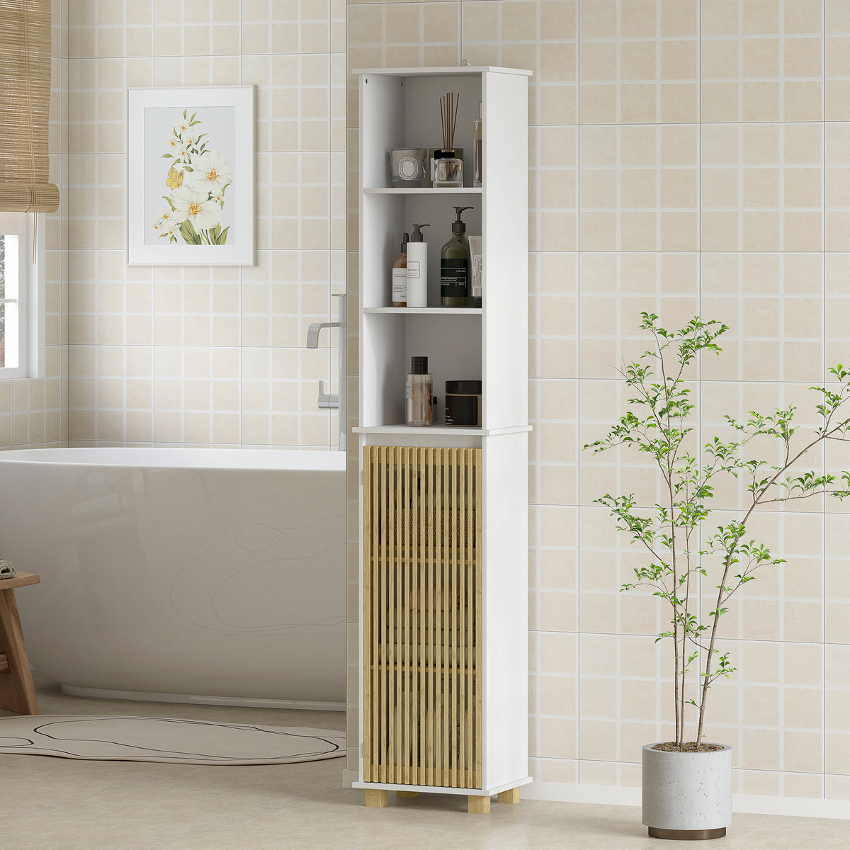 Colonne salle de bain, meuble salle de bain rangement avec porte à lattes en bambou et compartiments ouverts, blanc-1