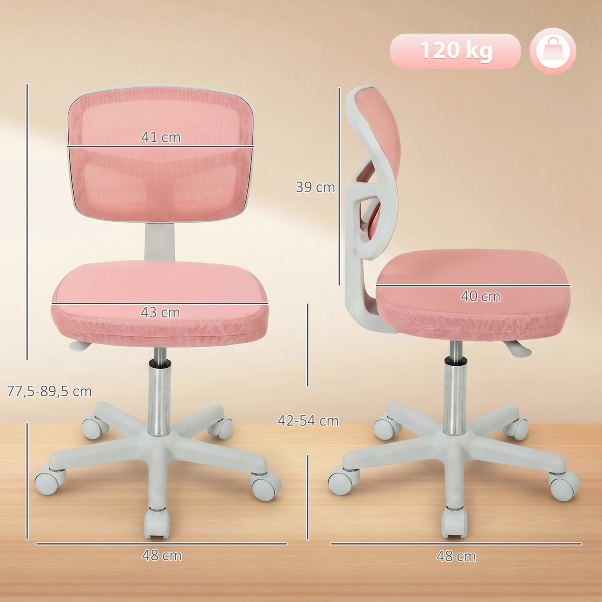 Chaise de Bureau Ergonomique Sans Accoudoirs, Fauteuil de Bureau Pivotant, Dossier Courbé en Maille et Roulettes, Rose-2