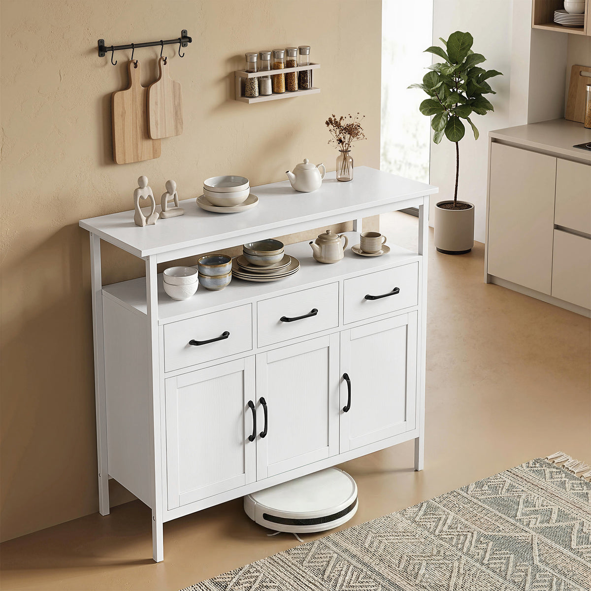 Buffet cuisine, meuble de rangement, 3 portes, 3 tiroirs, compartiment ouvert et étagères réglables, 95x35x88cm, blanc-1