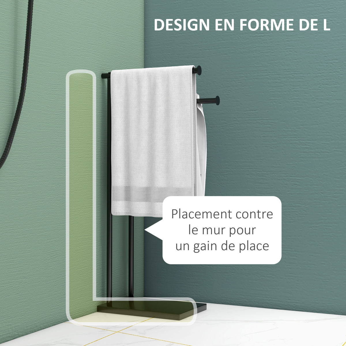 Porte-serviettes sur pied en acier avec 2 barres support pour serviette 35,5l x 20P x 78H cm - noir-4