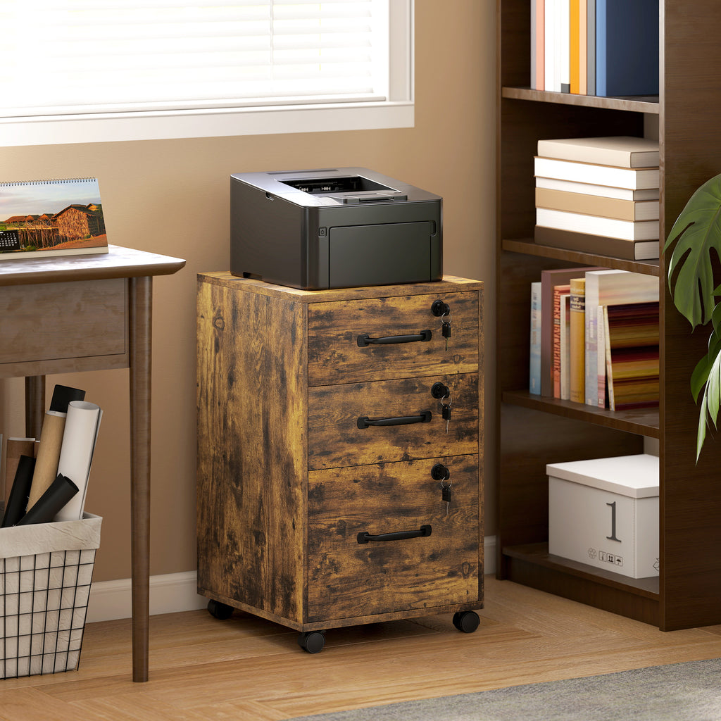Caisson de Bureau Mobile avec 3 Tiroirs Verrouillables, Caisson de Rangement sur Roulettes, 40 x 40 x 69,5 cm, Marron-1