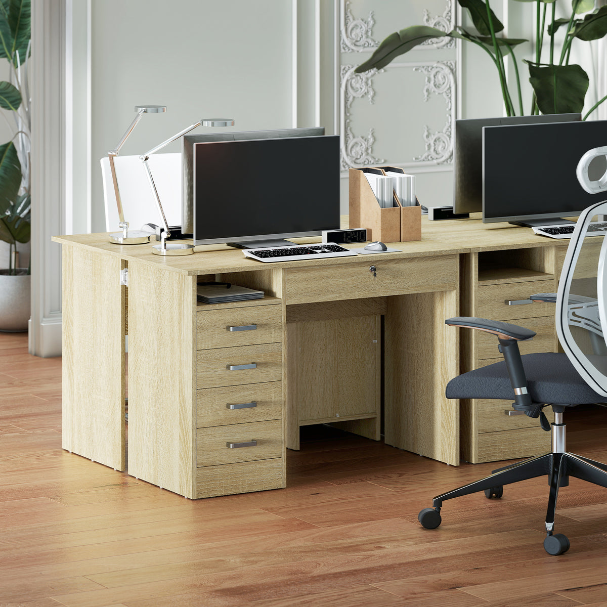 Bureau moderne avec 5 tiroirs, grand plateau, 1 compartiment ouvert, tiroir verrouillable, 110 x 50 x 76cm, chêne-6