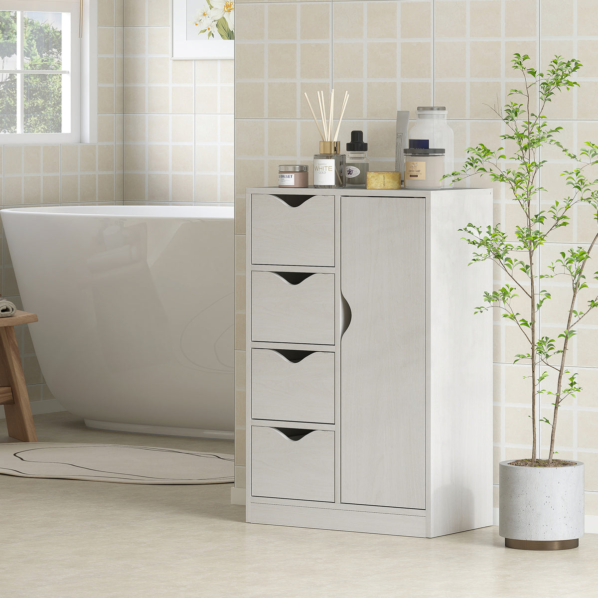 Meuble de rangement buffet commode moderne 1 placard et 4 tiroirs - en bois - pour salon, cuisine, entrée, salle à manger - blanc-1