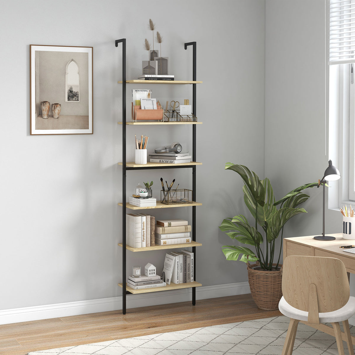 Étagère échelle mural bibliothèque style industriel 6 étagères acier noir aspect bois naturel dim. 60L x 30l x 206H cm-1