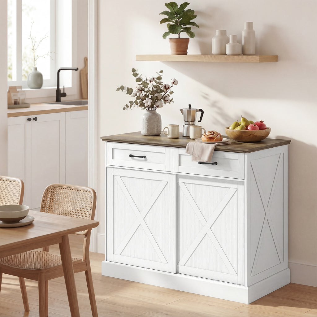 Buffet cuisine, buffet cuisine, meuble de rangement avec 2 tiroirs 2 portes coulissantes, étagère réglable, blanc-7