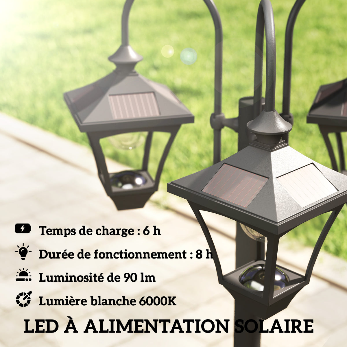Lampadaire Extérieur sur Pied à 3 Têtes avec Bac à Fleurs, Capteur Automatique Crépuscule à L'aube, 52x52x185cm, Noir-3