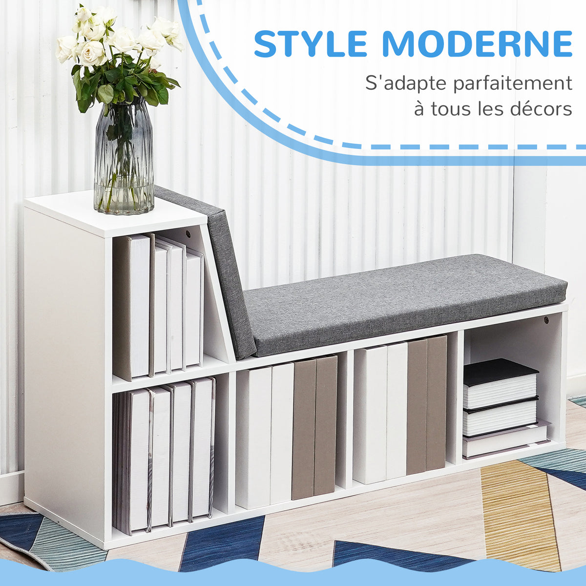 Bibliothèque banc 2 en 1 avec 5 compartiments de rangement et 2 coussins 108 x 30 x 60 cm blanc gris-3