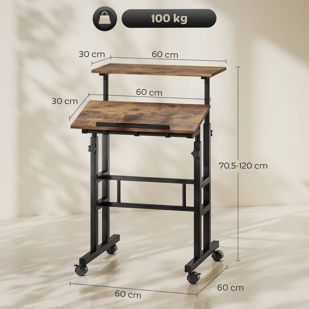 Bureau assis debout bureau réglable en hauteur 60 x 60 cm à roulettes avec plateau inclinable cadre métal brun rustique-2