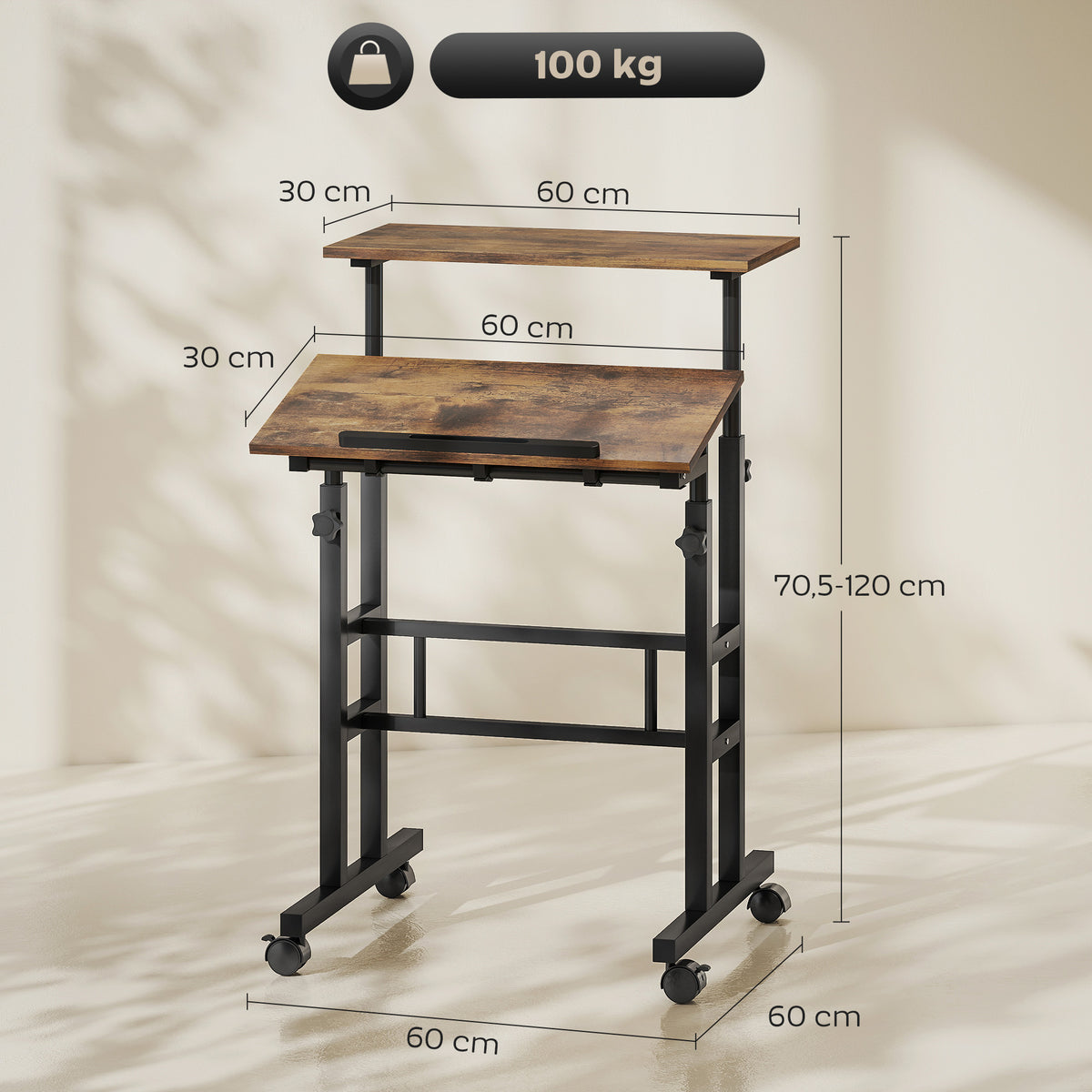Bureau assis debout bureau réglable en hauteur 60 x 60 cm à roulettes avec plateau inclinable cadre métal brun rustique-2