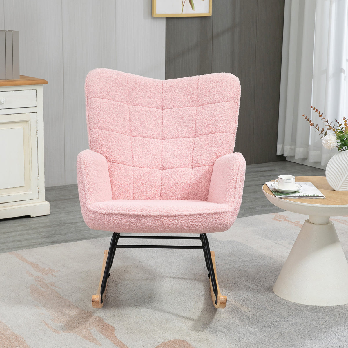 Fauteuil à bascule rocking chair revêtement bouclette structure en acier 71 x 98 x 101 cm rose-6