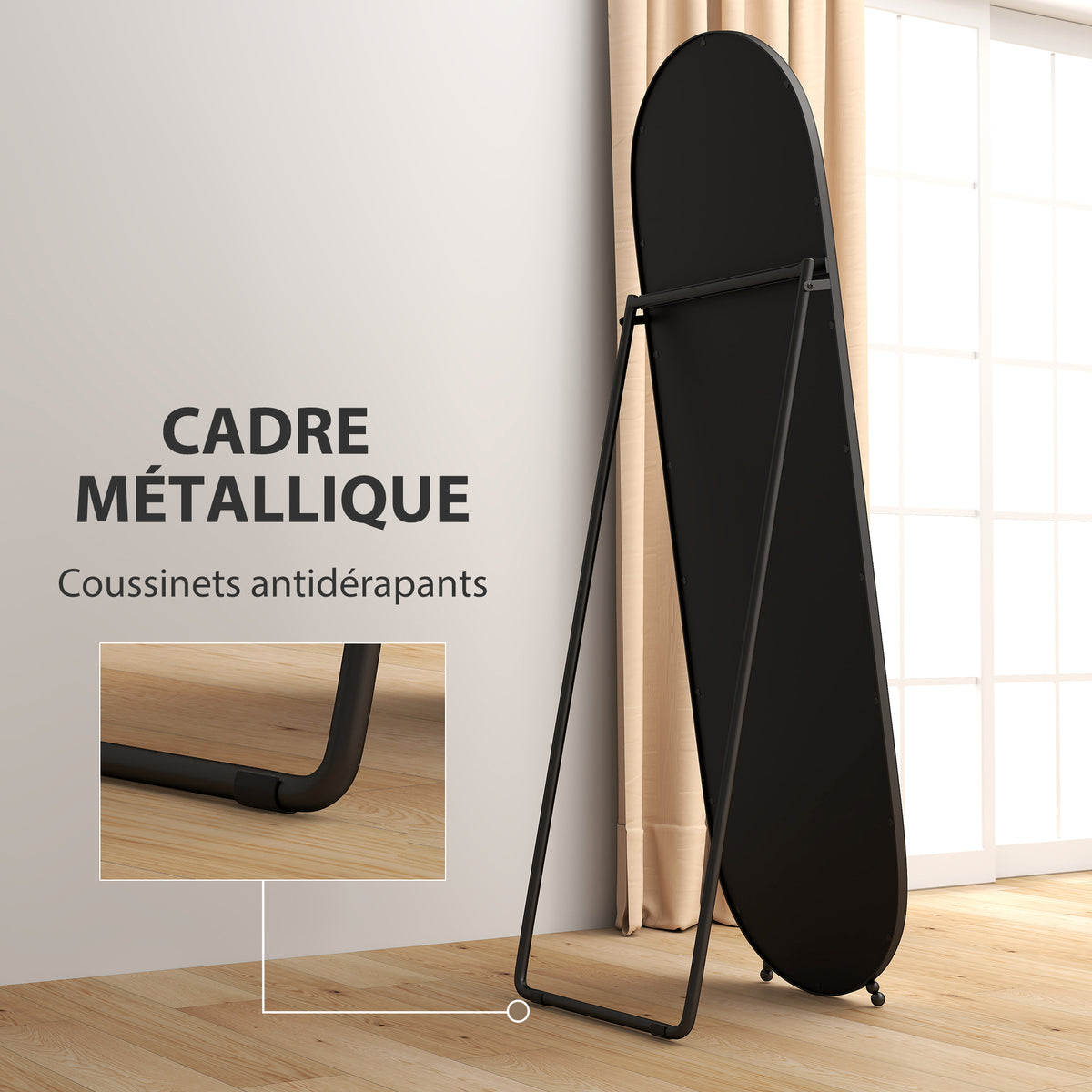 Grand miroir sur pied, miroir ovale, cadre en métal noir, avec support pour entrée, chambre, dressing, 40 x 160 cm-5