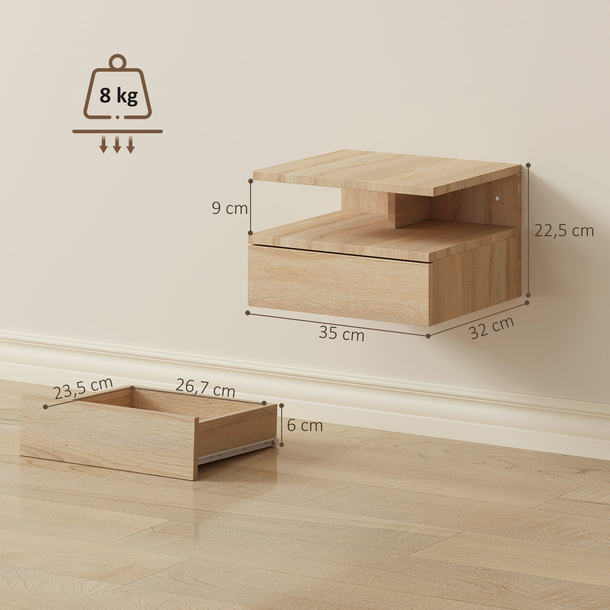 Lot de 2 tables de chevet murales, tables de nuit suspendues avec tiroir, étagère ouverte, 35x32x22,5cm, chêne-2