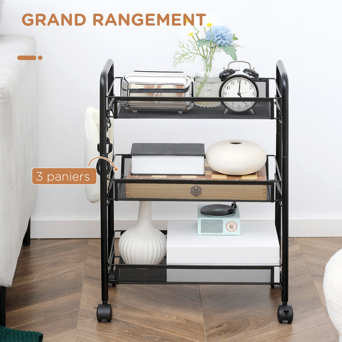 Chariot à 3 niveaux avec paniers desserte à roulettes chariot de rangement roulante 45 x 26,5 x 63 cm Noir-3