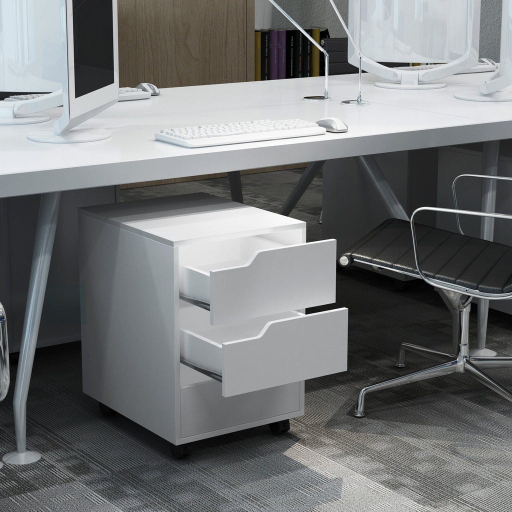 Caisson bureau mobile avec 3 tiroirs, meuble rangement bureau sur roulettes pour documents et imprimante, caisson de rangement compact pour travail ou chambre, 40x50x57,5cm, blanc-9
