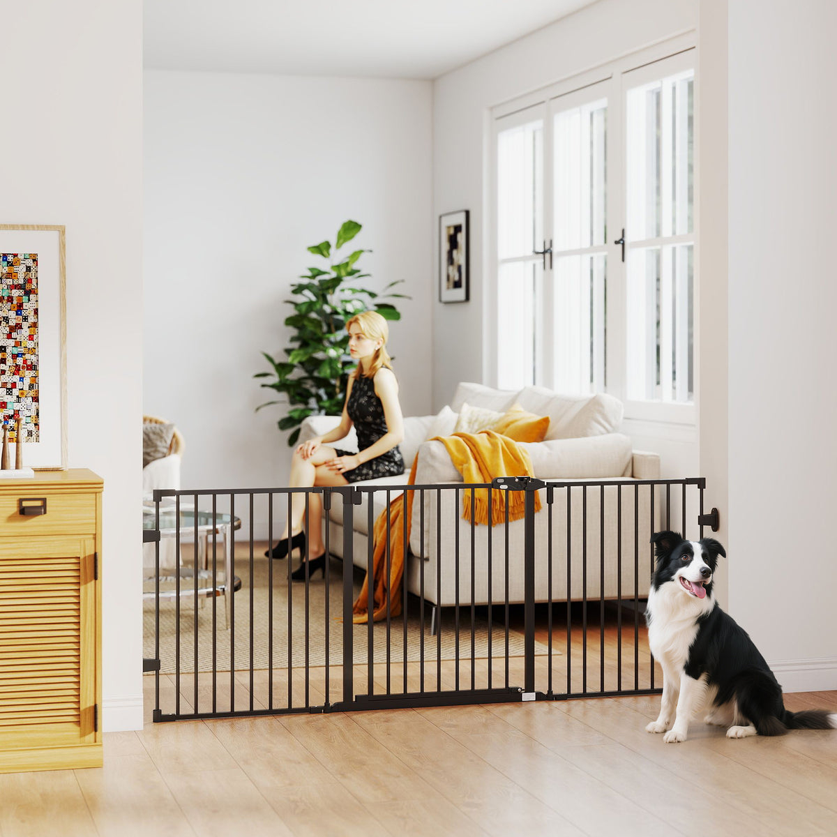 Barriere de securite chien pliable avec porte en acier 3 panneaux modulable fermeture automatique 202,5 x 2 x 76 cm noir-9