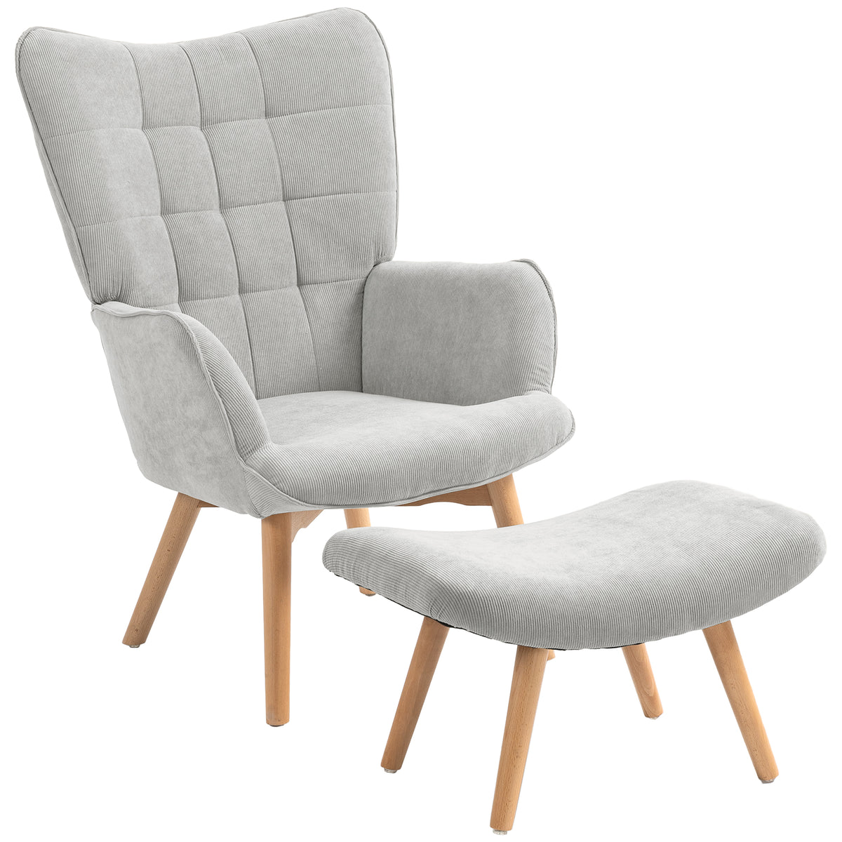 Fauteuil avec repose pied, dossier haut, pieds en bois et tissu aspect velours côtelé, pour salon chambre à coucher gris-0