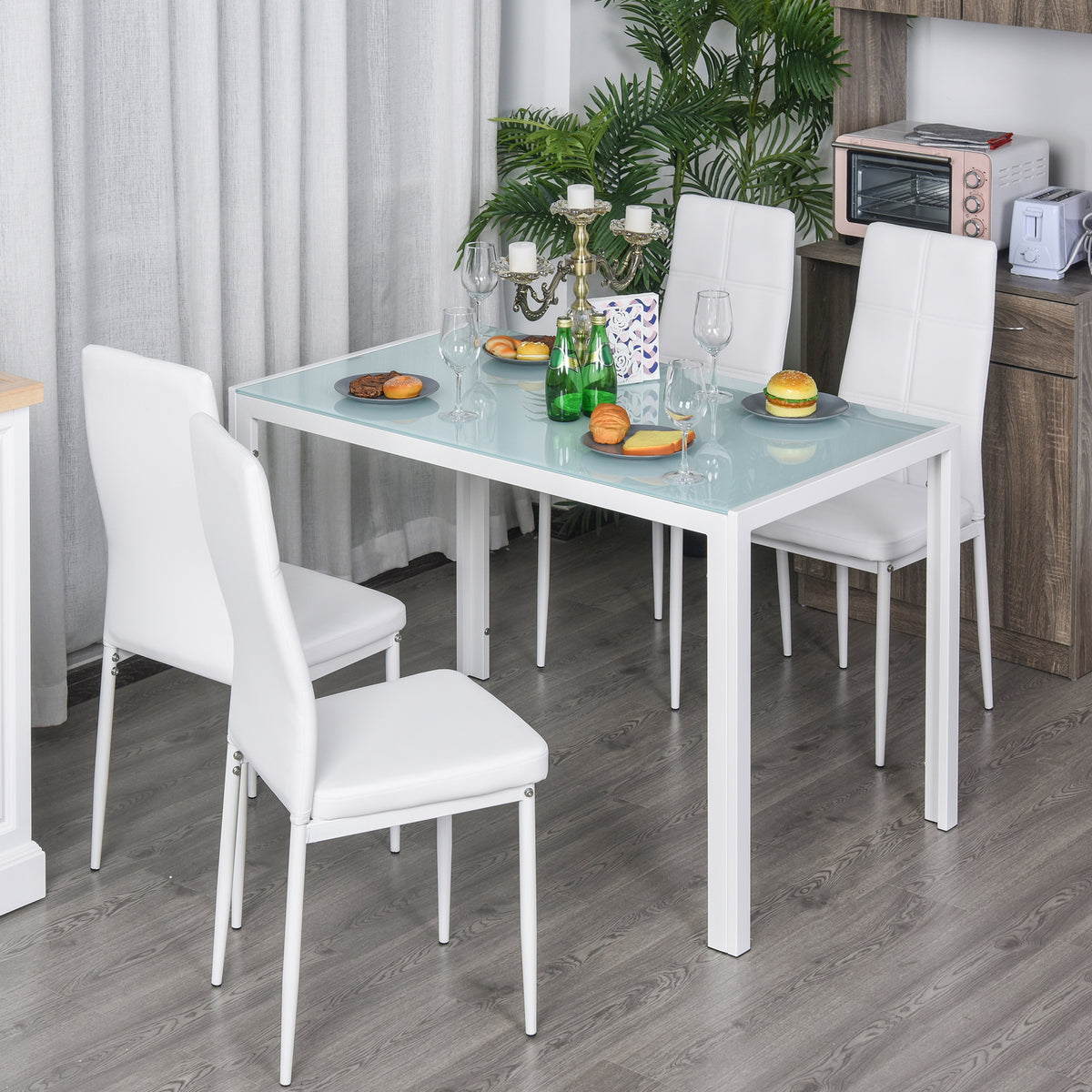 Ensemble table à manger et chaises pour 4 personnes, plateau rectangulaire en verre, pour cuisine salon maison, blanc-1