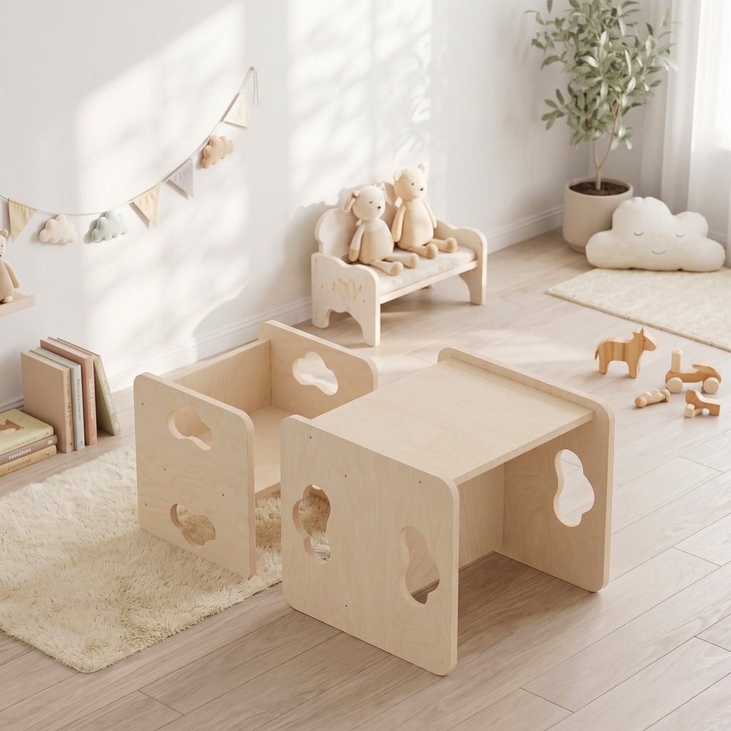 Ensemble Table et Chaise Enfant Réversible, Hauteurs Réglables, Poignées Nuage, 18-36 Mois, 38 x 36 x 33,5 cm, Naturel-1
