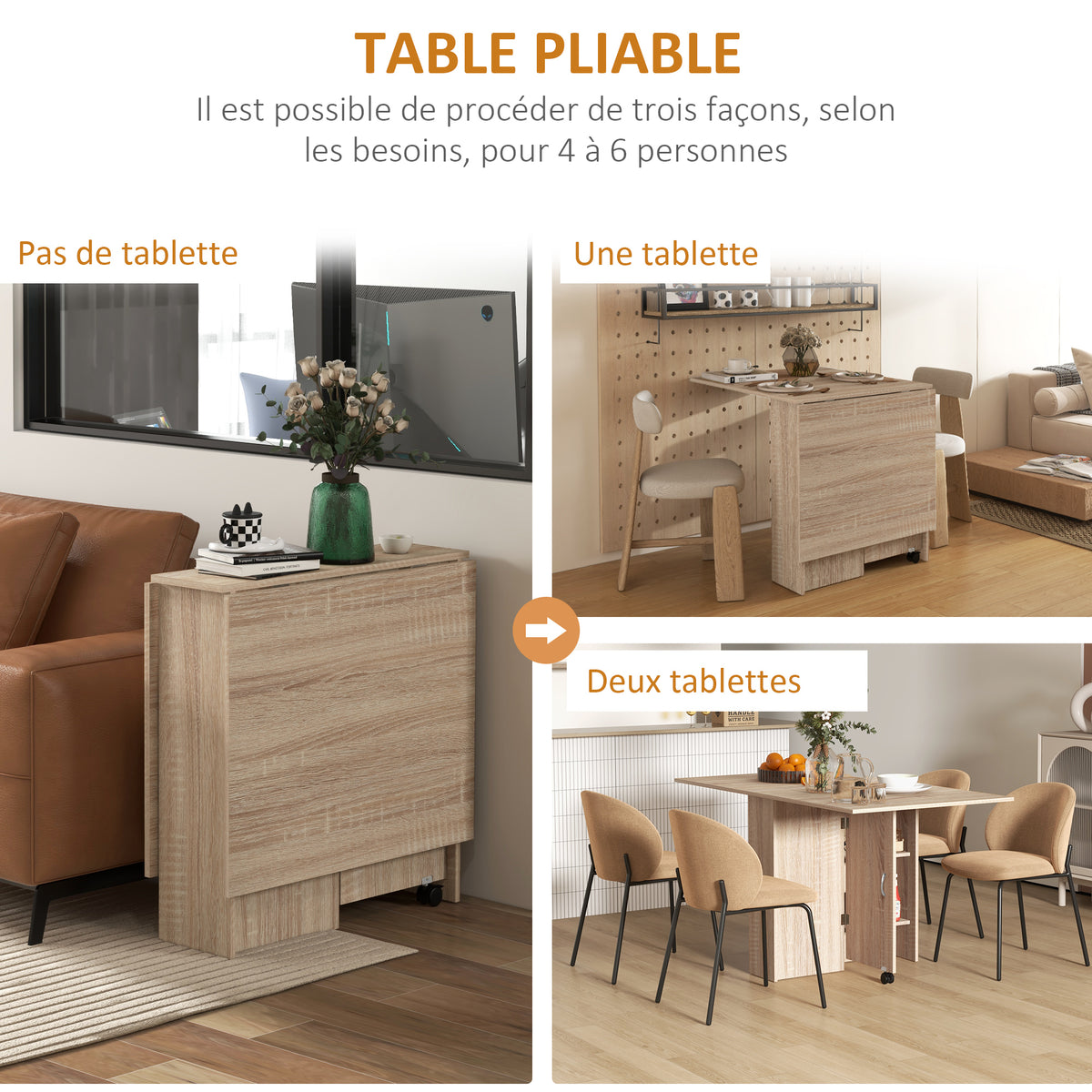 Table à manger pliante mobile sur roulettes 2 plateaux rabattables et 2 étagères intégrées 140 x 80 x 74 cm naturel-3