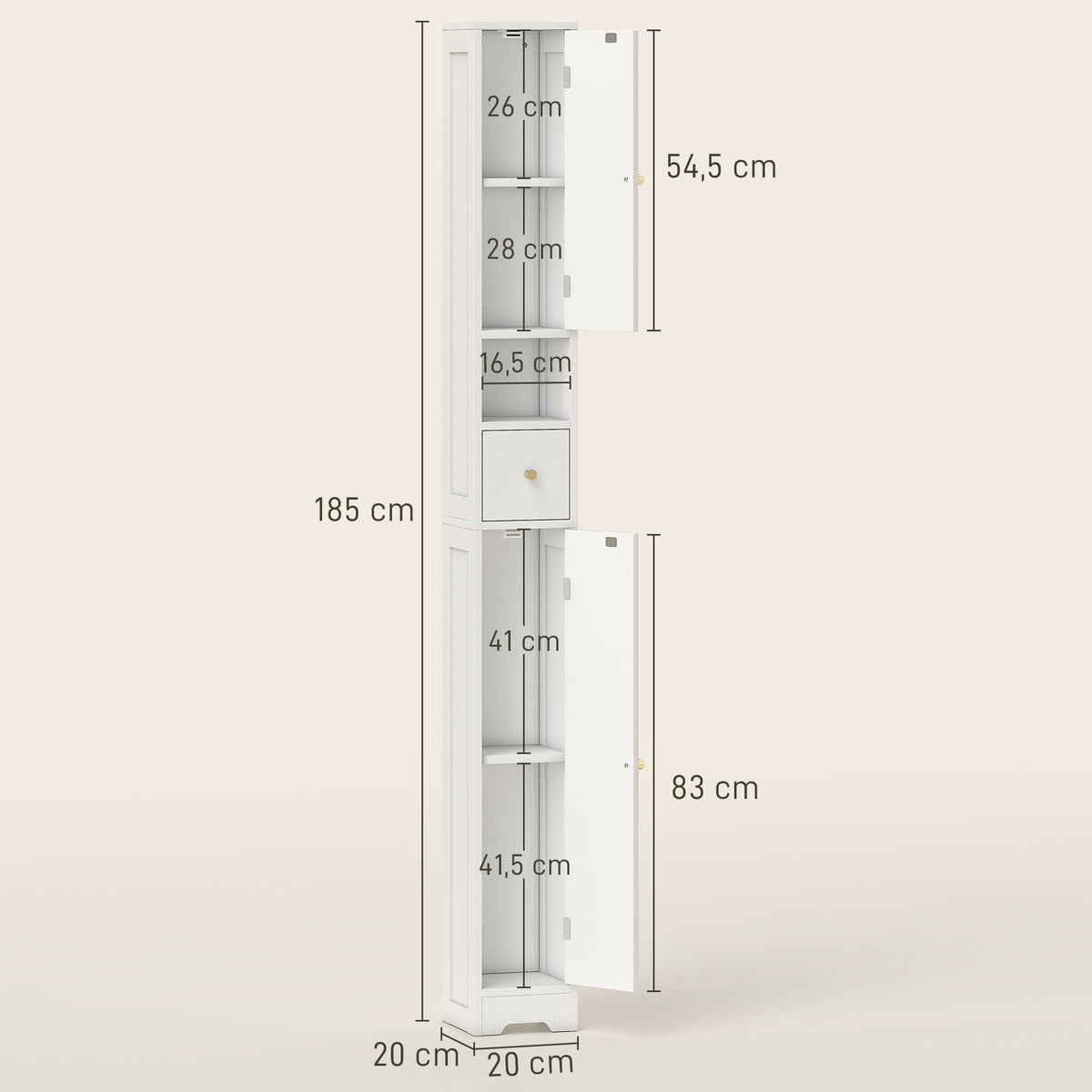 Meuble colonne salle de bain, meuble de rangement, 2 portes, tiroir, compartiment ouvert, étagère réglable, blanc-2