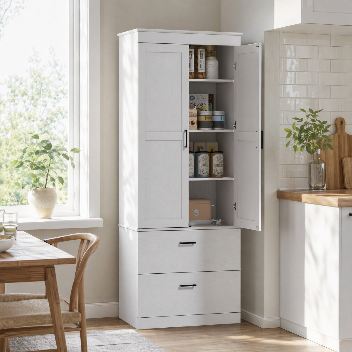 Armoire de cuisine buffet cuisine vaisselier meuble de rangement avec placard, 2 tiroirs et étagères réglables, crème-8