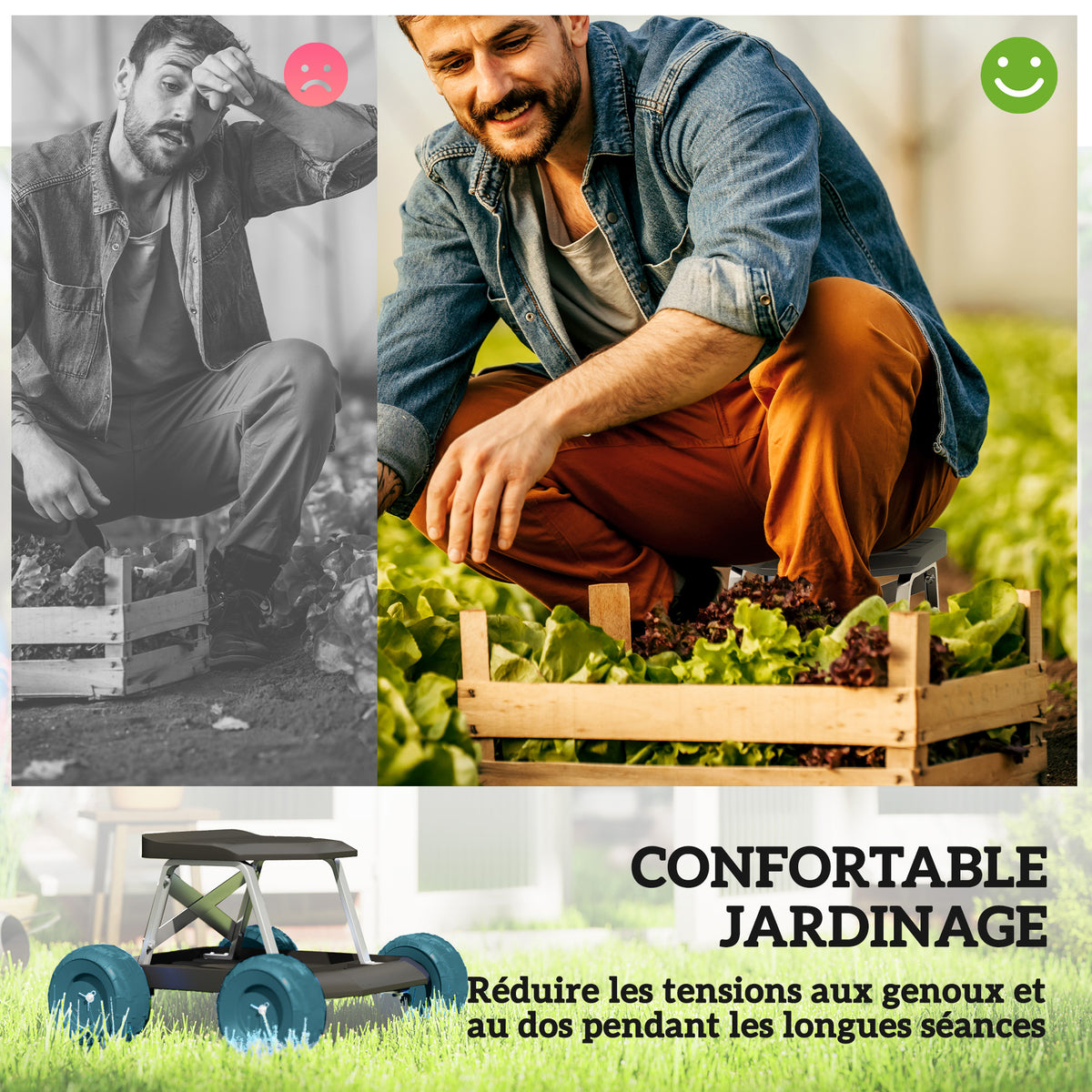 Siège de jardin sur roues tabouret de jardinage plateau à outils pour désherber planter 50 x 49 x 32 cm vert foncé-3