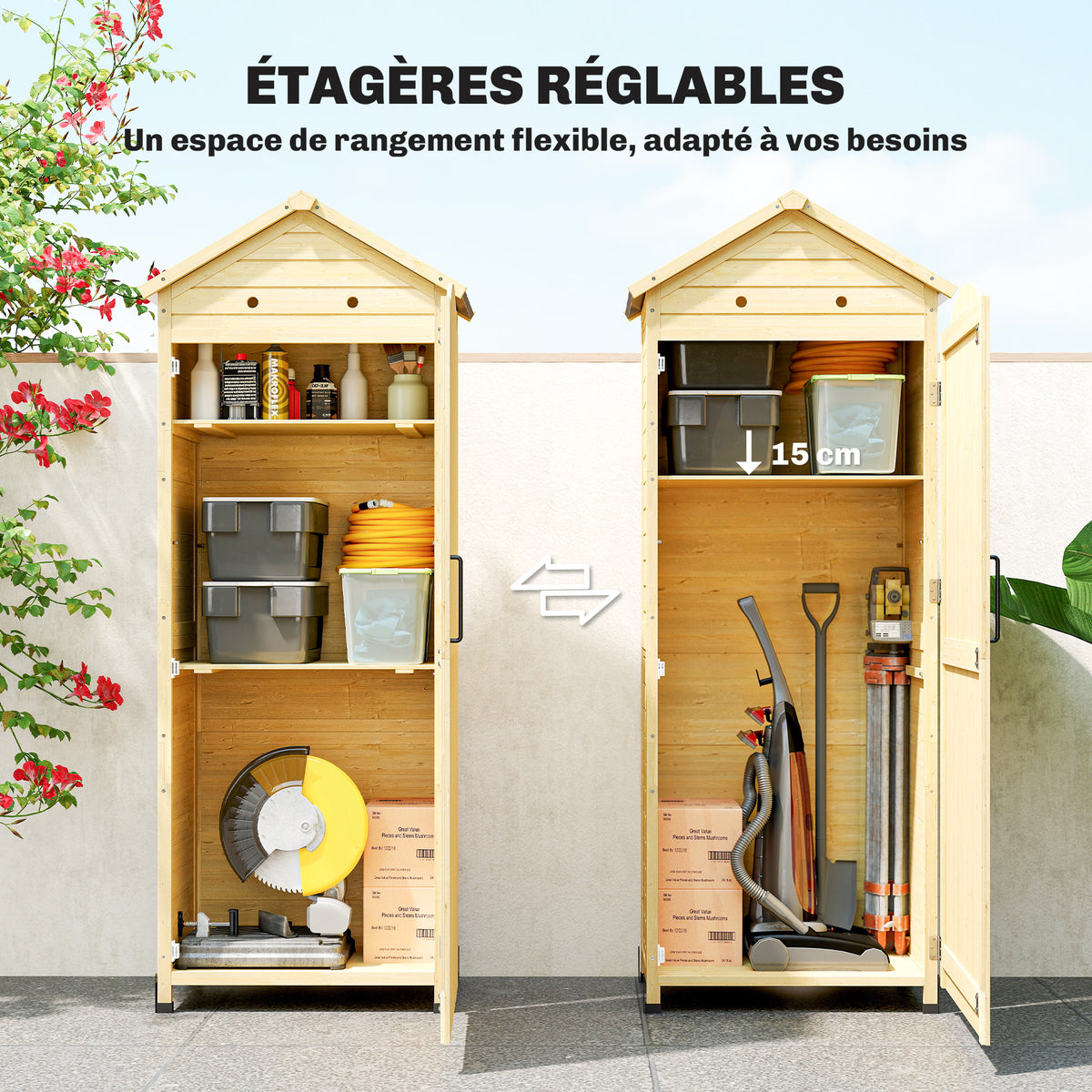 Armoire de Jardin en Bois Toit Acier Galvanisé Texture Gaufrée Étagères Réglables 85x58x213cm Bois Naturel-4