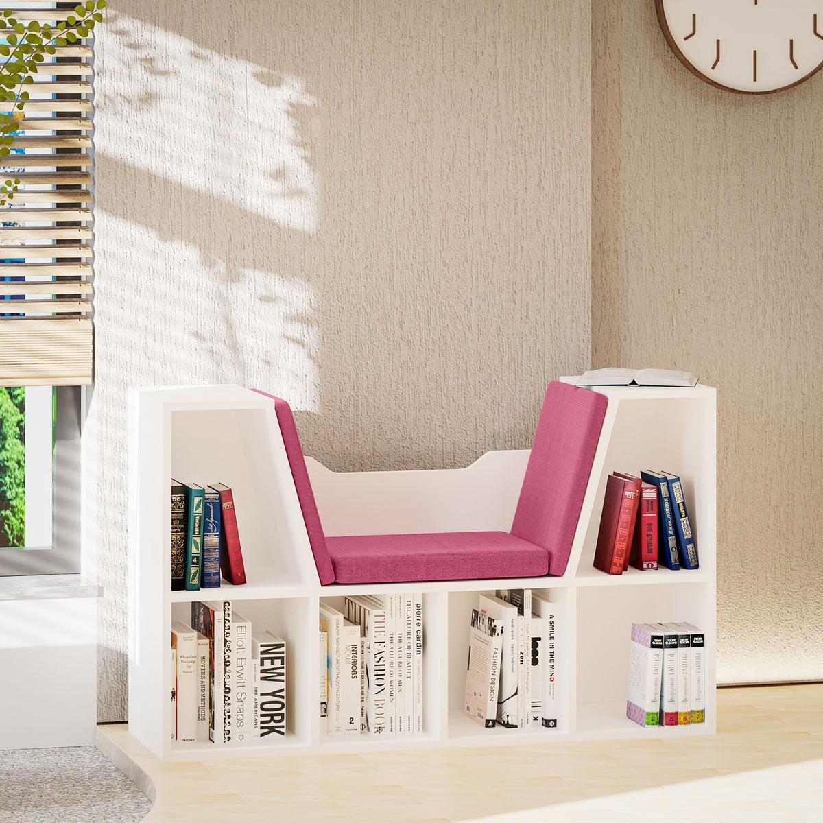 Bibliothèque banc 2 en 1 avec coussins de siège, étagère cube 6 compartiments ouverts et 2 niveaux, meuble de-8