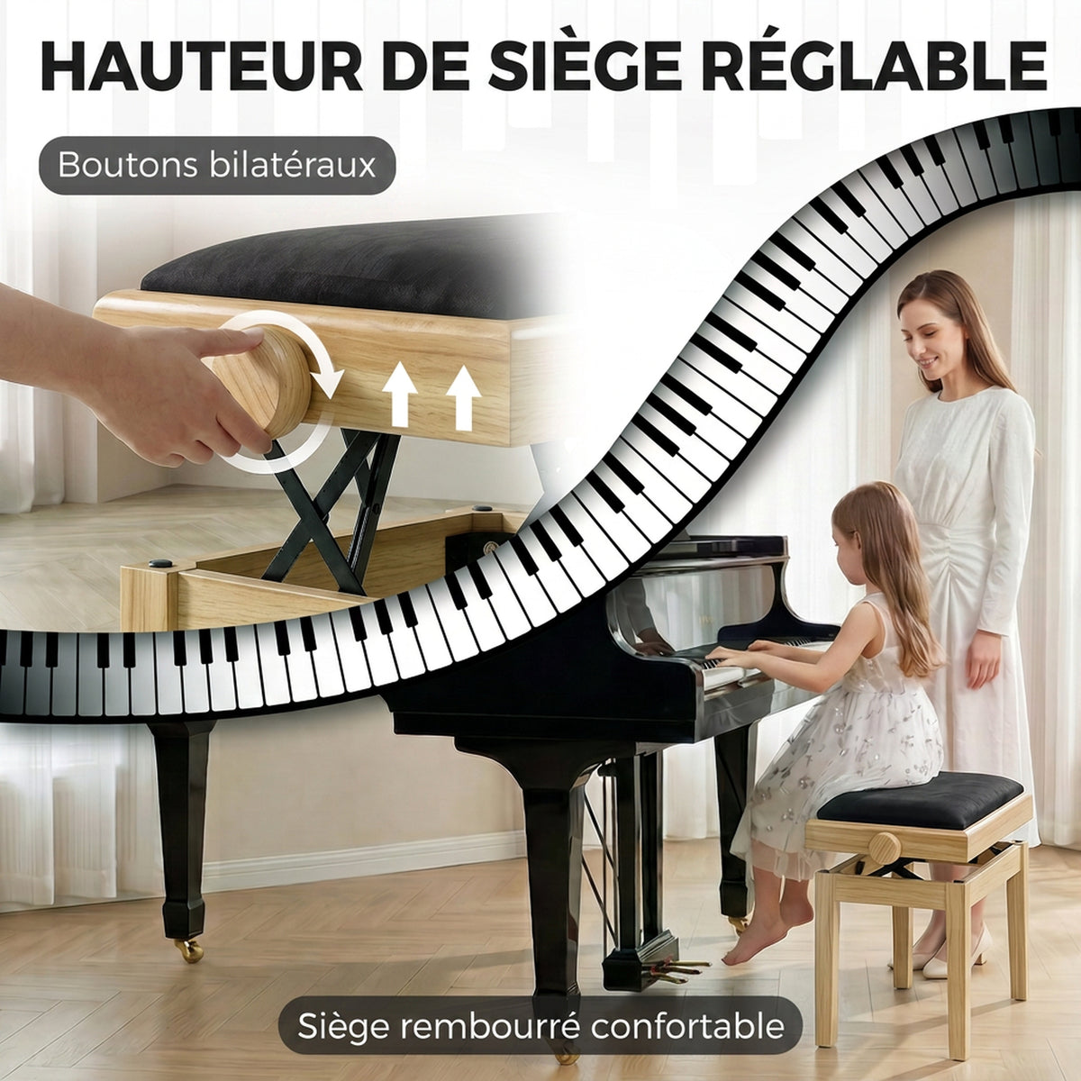 Banc de Piano, Tabouret Piano Réglable en Hauteur 45-56 cm, Banc de Clavier, Siège Rembourré en Velours, Bois Naturel-3