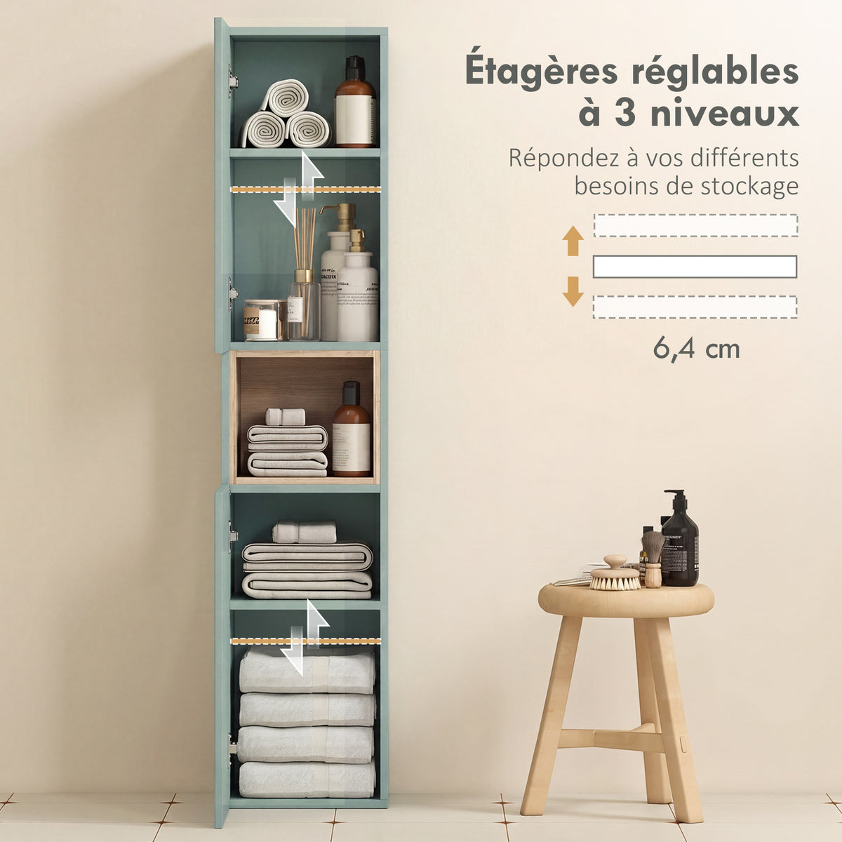 Meuble colonne salle de bain, meuble de rangement, 2 portes, compartiment et étagères réglables, 30x24x140cm, vert-4