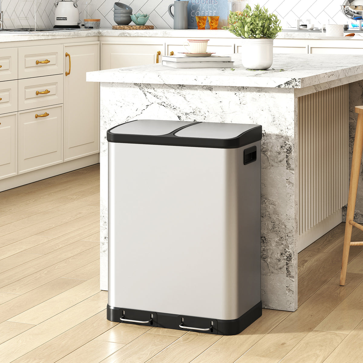 Poubelle de cuisine à double compartiment 2 x 30L avec pédale en acier inoxydable, couvercle à fermeture douce, argent-1
